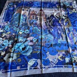 Pavlovo Posad Castle blue silk, blue crepe de shine scarf  "Project Palette "
